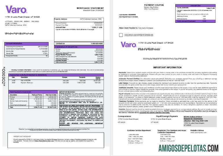 Extrato de hipoteca do Varo Bank dos EUA em formatos Word e PDF 1 2 amostra